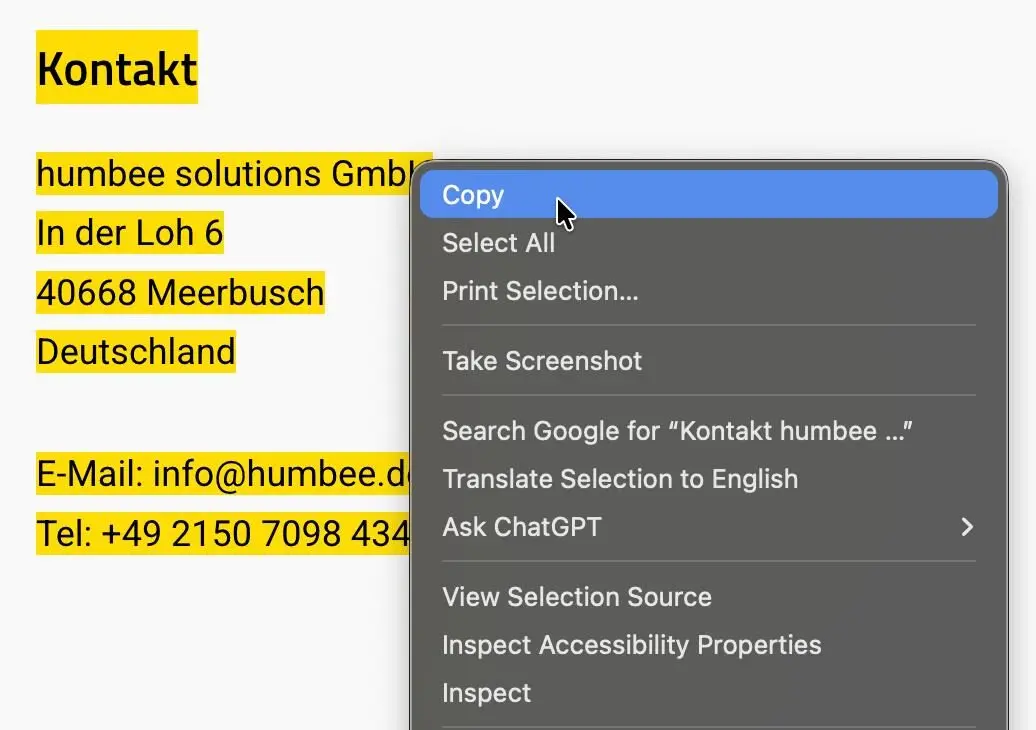kopieren der Kontaktinformationen von der Webseite