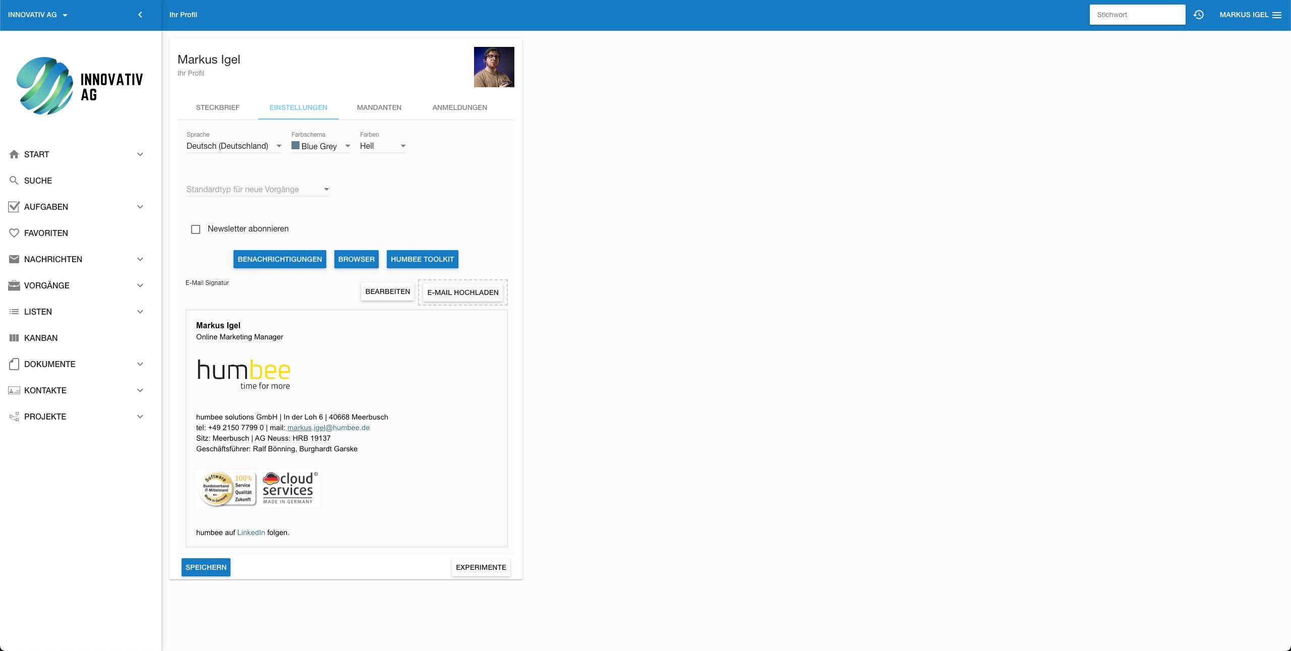 Die Einstellungen im Profil Menüpunkt in humbee