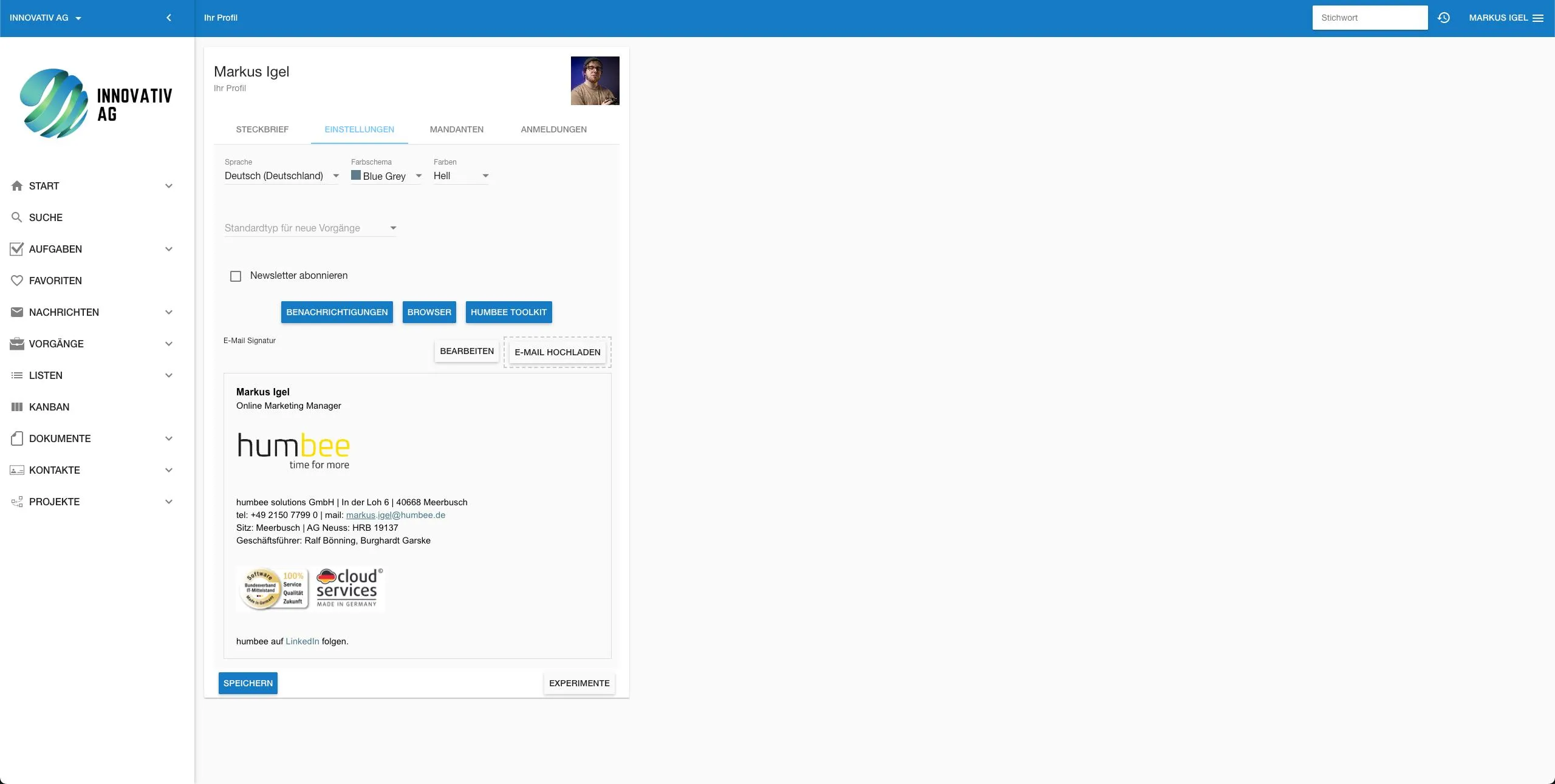 Die Einstellungen im Profil Menüpunkt in humbee