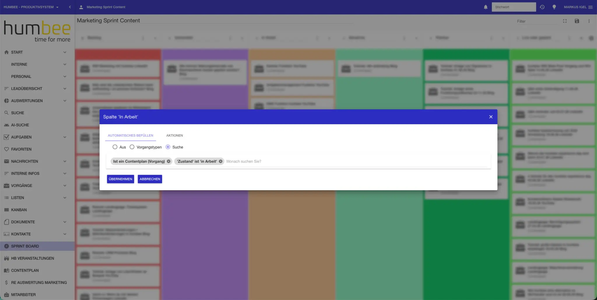 Anpassung von Workflows durch Verschieben der Kacheln in Kanban Boards